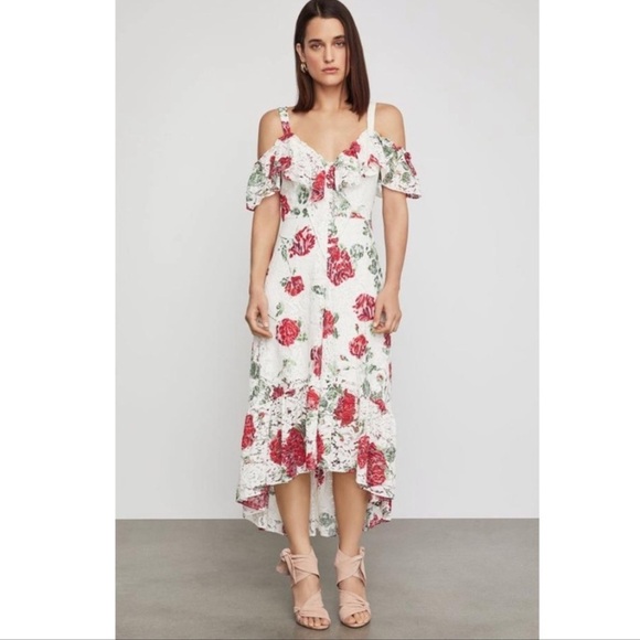 BCBGMaxAzria / La Rosa Floral Print Lace Dress High Low off shoulder ruffle xxs - Picture 2 of 7